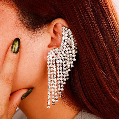 Xerling Boho هامش الثريا شرابة أقراط الزفاف أحجار الراين متسلق الزاحف أقراط للنساء بيان كريستال أقراط متدلية لحفلة موسيقية الزفاف (فضية) in Kuwait