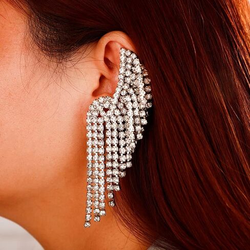 Xerling Boho هامش الثريا شرابة أقراط الزفاف أحجار الراين متسلق الزاحف أقراط للنساء بيان كريستال أقراط متدلية لحفلة موسيقية الزفاف (فضية) in Kuwait