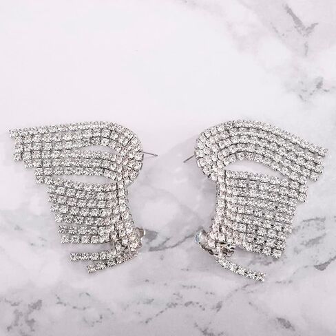 Xerling Boho هامش الثريا شرابة أقراط الزفاف أحجار الراين متسلق الزاحف أقراط للنساء بيان كريستال أقراط متدلية لحفلة موسيقية الزفاف (فضية) in Kuwait