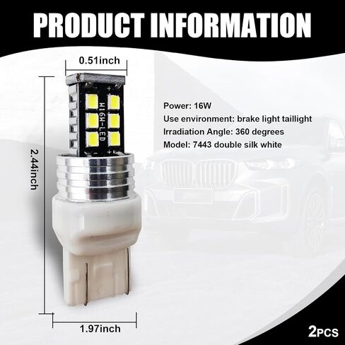 2 قطعة 7443 T20 سيارة LED مصابيح إشارة الانعطاف، سلك مزدوج مقاوم للماء ضوء فرامل السيارة المتين، ملحقات ضوء عكس السيارات العالمية لشاحنة سيارات الدفع الرباعي (أبيض) in Saudi Arabia
