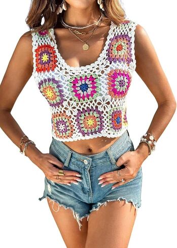 Verdusa Women's Scoop Neck Sleeveless Hollow Out Crochet Boho Crop Tank Top in Saudi Arabia