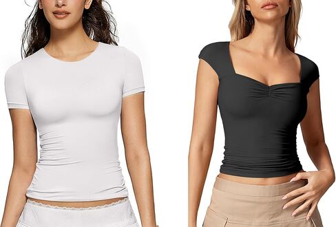 OEAK المرأة الصيف قصيرة الأكمام قمم طاقم الرقبة مزدوجة اصطف المجهزة كاب كم تانك القمم بنيت في الصدرية دعم أسود + أبيض S in Kuwait