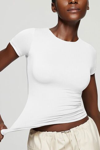 OEAK المرأة الصيف قصيرة الأكمام قمم طاقم الرقبة مزدوجة اصطف المجهزة كاب كم تانك القمم بنيت في الصدرية دعم أسود + أبيض S in Kuwait