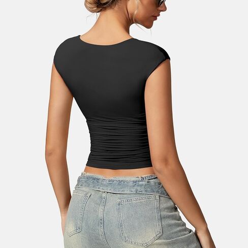 OEAK المرأة الصيف قصيرة الأكمام قمم طاقم الرقبة مزدوجة اصطف المجهزة كاب كم تانك القمم بنيت في الصدرية دعم أسود + أبيض S in Kuwait