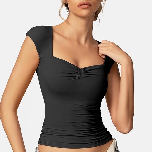 OEAK المرأة الصيف قصيرة الأكمام قمم طاقم الرقبة مزدوجة اصطف المجهزة كاب كم تانك القمم بنيت في الصدرية دعم أسود + أبيض S in Kuwait