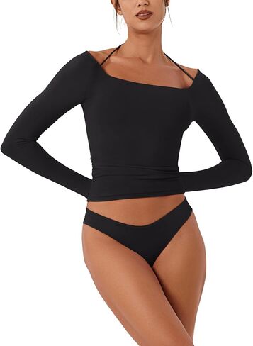 REORIA Women's Long Sleeve Square Neck Top Double Layer Reversible Sexy Crop Tops 2024 Fall/Winter Designer Collection in Kuwait