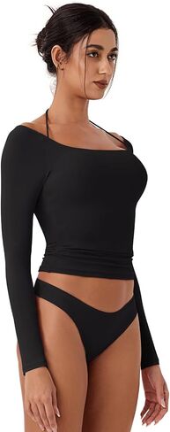 REORIA Women's Long Sleeve Square Neck Top Double Layer Reversible Sexy Crop Tops 2024 Fall/Winter Designer Collection in Kuwait