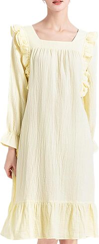 ثوب نوم نسائي من AIGE بأكمام طويلة، ثوب نوم ناعم بطول الأرض، ملابس نوم خفيفة الوزن للنساء - أصفر in Kuwait