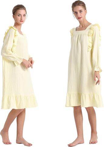 AIGE Womens Nightgown with Long Sleeves, Soft Floor Length Nightgown, Lightweight Sleepwear For Women - Yellow in Saudi Arabia