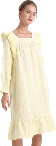 ثوب نوم نسائي من AIGE بأكمام طويلة، ثوب نوم ناعم بطول الأرض، ملابس نوم خفيفة الوزن للنساء - أصفر in Kuwait