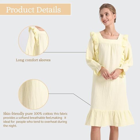 AIGE Womens Nightgown with Long Sleeves, Soft Floor Length Nightgown, Lightweight Sleepwear For Women - Yellow in Saudi Arabia