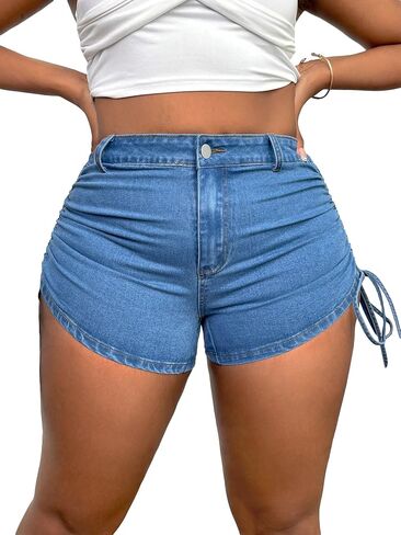 Floerns Women's Plus Size High Waist Drawstring Side Zipped Skinny Denim Shorts in Saudi Arabia