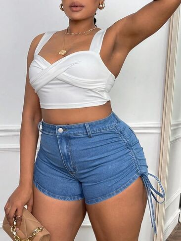 Floerns Women's Plus Size High Waist Drawstring Side Zipped Skinny Denim Shorts in Saudi Arabia