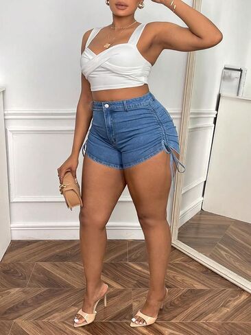 Floerns Women's Plus Size High Waist Drawstring Side Zipped Skinny Denim Shorts in Saudi Arabia