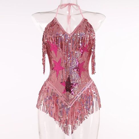 FYMNSI Women Music Festival Rave Outfits Sleeveless Sequins Tassel Bodysuit Leotards One Piece Nightclub Halloween Costume in Kuwait