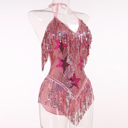 FYMNSI Women Music Festival Rave Outfits Sleeveless Sequins Tassel Bodysuit Leotards One Piece Nightclub Halloween Costume in Kuwait