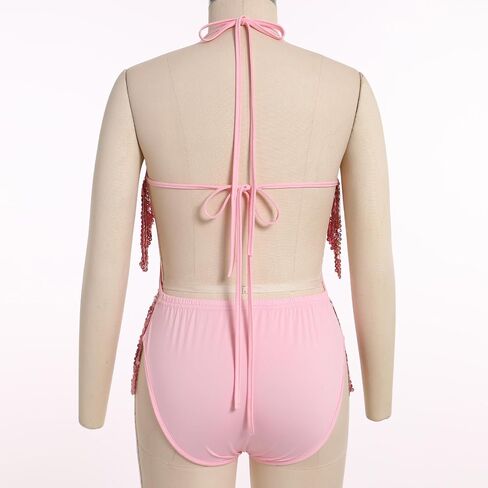 FYMNSI Women Music Festival Rave Outfits Sleeveless Sequins Tassel Bodysuit Leotards One Piece Nightclub Halloween Costume in Kuwait