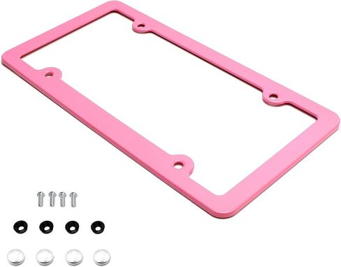 iJDMTOY 2pc Premium Pink Slim 2-Hole License Plate Frame with Screws/Fasteners and Chrome Polish Caps in Saudi Arabia