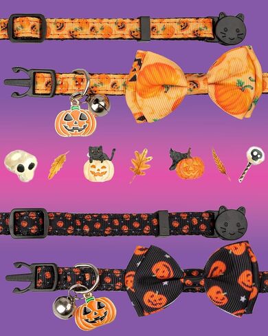 Gyapet Cat Collar Halloween Set Fall Gift Pumpkin Breakaway Bow Tie Safety with Bell Kitten Cute 2pcs Hamburg & Sushi in Kuwait