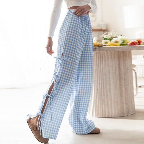 Women Y2k Striped Pants Bow Tie Side Slit Wide Leg Lounge Pants Loose Fit Plaid Gingham Going Out Pajama Trousers in Kuwait