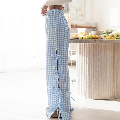 Women Y2k Striped Pants Bow Tie Side Slit Wide Leg Lounge Pants Loose Fit Plaid Gingham Going Out Pajama Trousers in Kuwait