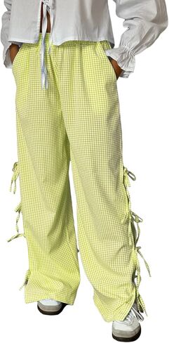 Women Y2k Striped Pants Bow Tie Side Slit Wide Leg Lounge Pants Loose Fit Plaid Gingham Going Out Pajama Trousers in Kuwait
