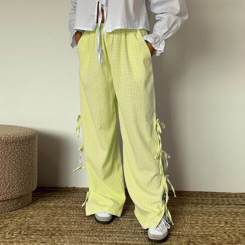 Women Y2k Striped Pants Bow Tie Side Slit Wide Leg Lounge Pants Loose Fit Plaid Gingham Going Out Pajama Trousers in Kuwait