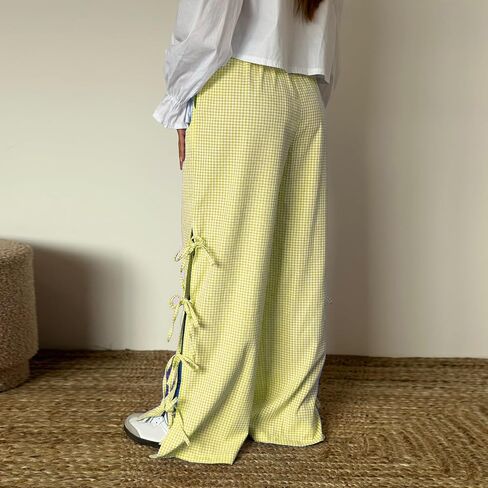 Women Y2k Striped Pants Bow Tie Side Slit Wide Leg Lounge Pants Loose Fit Plaid Gingham Going Out Pajama Trousers in Kuwait