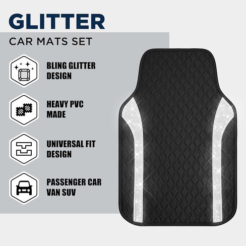 PIC AUTO Bling Leather Floor Mats - Sparkly Glitter Black Car Mats Set, All-Weather Waterproof Pads, Universal Fit for SUV, Sedan, Van - Stylish Car Accessories for Girls & Women in Saudi Arabia