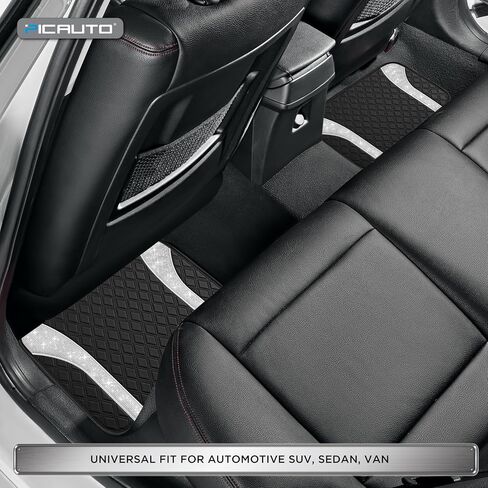 PIC AUTO Bling Leather Floor Mats - Sparkly Glitter Black Car Mats Set, All-Weather Waterproof Pads, Universal Fit for SUV, Sedan, Van - Stylish Car Accessories for Girls & Women in Saudi Arabia
