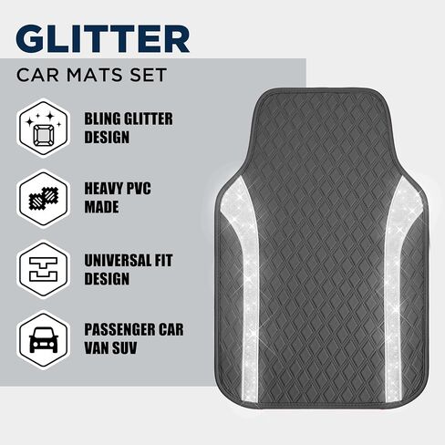 PIC AUTO Bling Leather Floor Mats - Sparkly Glitter Black Car Mats Set, All-Weather Waterproof Pads, Universal Fit for SUV, Sedan, Van - Stylish Car Accessories for Girls & Women in Saudi Arabia