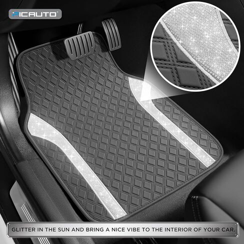 PIC AUTO Bling Leather Floor Mats - Sparkly Glitter Black Car Mats Set, All-Weather Waterproof Pads, Universal Fit for SUV, Sedan, Van - Stylish Car Accessories for Girls & Women in Saudi Arabia