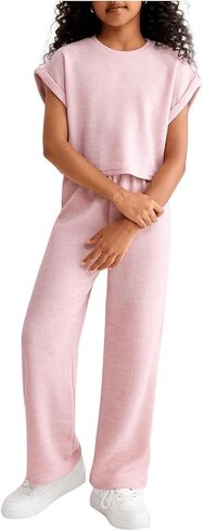 GORGLITTER Girl's 2 Piece Outfits Short Sleeve Sweater Tops and Wide Leg Pants Set in Saudi Arabia