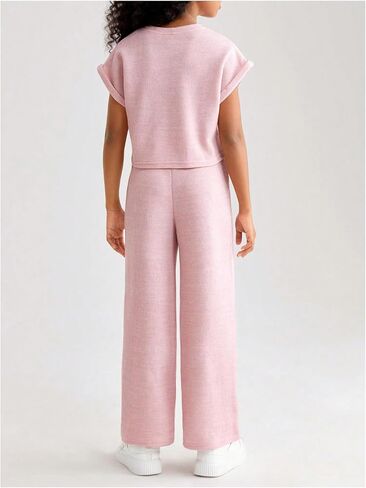 GORGLITTER Girl's 2 Piece Outfits Short Sleeve Sweater Tops and Wide Leg Pants Set in Saudi Arabia
