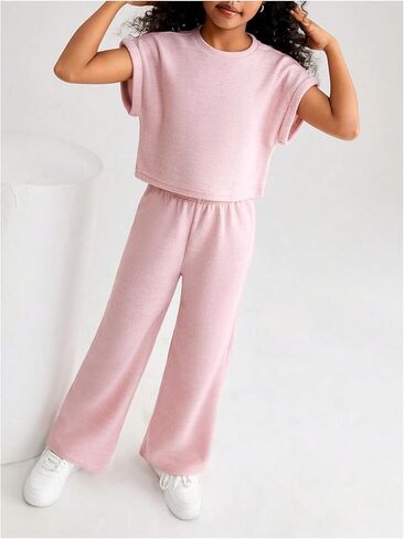 GORGLITTER Girl's 2 Piece Outfits Short Sleeve Sweater Tops and Wide Leg Pants Set in Saudi Arabia