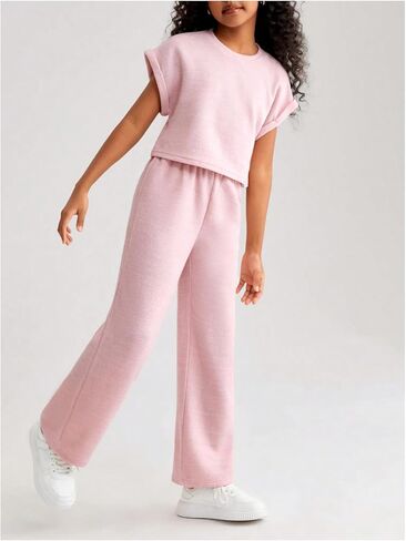 GORGLITTER Girl's 2 Piece Outfits Short Sleeve Sweater Tops and Wide Leg Pants Set in Saudi Arabia