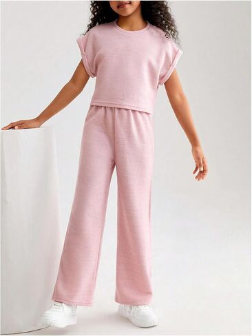 GORGLITTER Girl's 2 Piece Outfits Short Sleeve Sweater Tops and Wide Leg Pants Set in Saudi Arabia