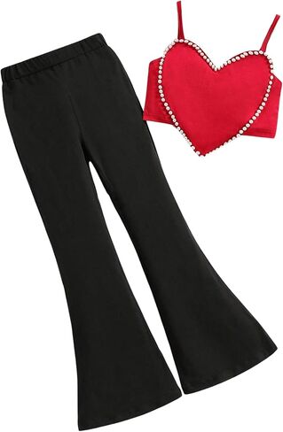 OYOANGLE Girl's 2 Piece Outfits Pearl Beaded Heart Shaped Crop Cami Top and Flared Leg Pants Set in Saudi Arabia