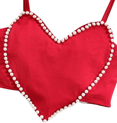 OYOANGLE Girl's 2 Piece Outfits Pearl Beaded Heart Shaped Crop Cami Top and Flared Leg Pants Set in Saudi Arabia
