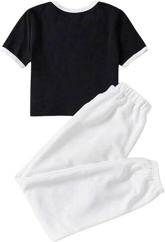 SHENHE Girl's 2 Piece Outfits Cute Graphic Crop Top Tshirt and Elastic Waist Jogger Sweatpants Preppy Set in Saudi Arabia