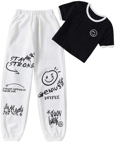 SHENHE Girl's 2 Piece Outfits Cute Graphic Crop Top Tshirt and Elastic Waist Jogger Sweatpants Preppy Set in Saudi Arabia