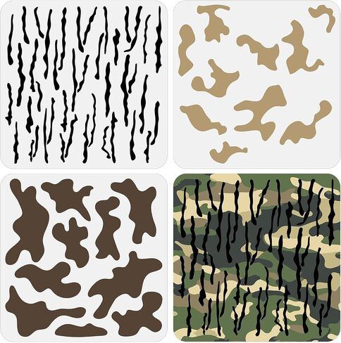 4Pcs Camo Stencils for Spray Paint, Plastic Camo Stencils for Crafts Reusable, Camouflage Pattern Painting Templates, Camo Stencil Kit for Boat Walls Canvas Fabric Wood DIY Art (11.8×11.8'') in Saudi Arabia