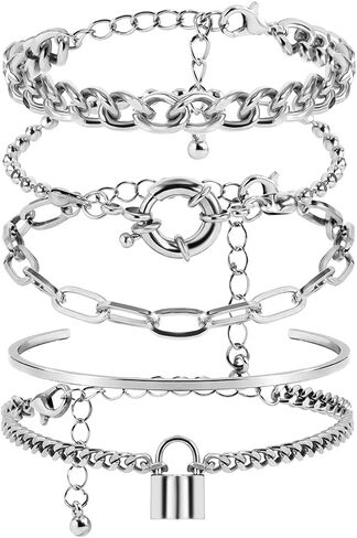 Kercisbeauty 5pcs Women Dainty Bracelet Set with Lock Toggle Clips Pendant Cuff and Chunky Chain Bracelets Punk Jewelry for Girls in Saudi Arabia