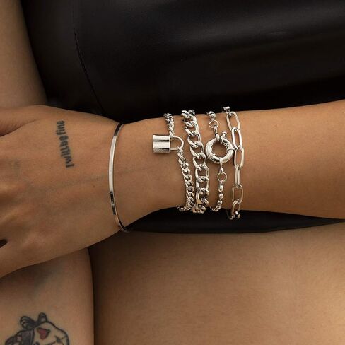Kercisbeauty 5pcs Women Dainty Bracelet Set with Lock Toggle Clips Pendant Cuff and Chunky Chain Bracelets Punk Jewelry for Girls in Saudi Arabia