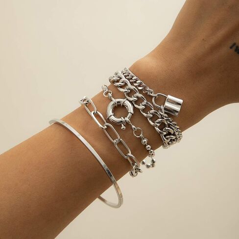 Kercisbeauty 5pcs Women Dainty Bracelet Set with Lock Toggle Clips Pendant Cuff and Chunky Chain Bracelets Punk Jewelry for Girls in Saudi Arabia