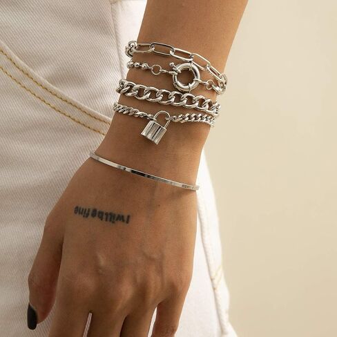 Kercisbeauty 5pcs Women Dainty Bracelet Set with Lock Toggle Clips Pendant Cuff and Chunky Chain Bracelets Punk Jewelry for Girls in Saudi Arabia