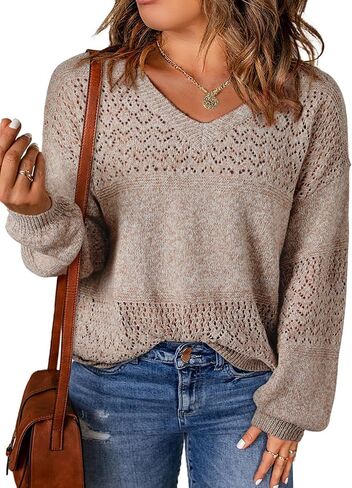Eytino Womens Plus Size Sweater Casual Long Sleeve V Neck Crochet Knit Lightweight Pullover Sweater Tops(1X-5X) in Saudi Arabia