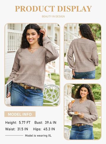 Eytino Womens Plus Size Sweater Casual Long Sleeve V Neck Crochet Knit Lightweight Pullover Sweater Tops(1X-5X) in Saudi Arabia
