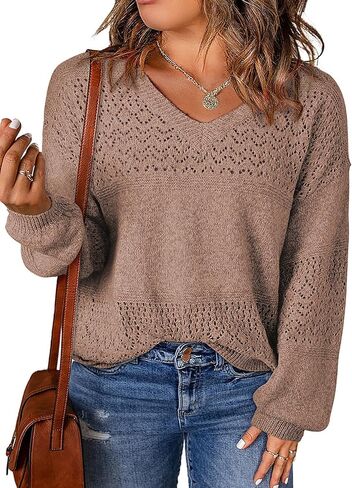 Eytino Womens Plus Size Sweater Casual Long Sleeve V Neck Crochet Knit Lightweight Pullover Sweater Tops(1X-5X) in Kuwait