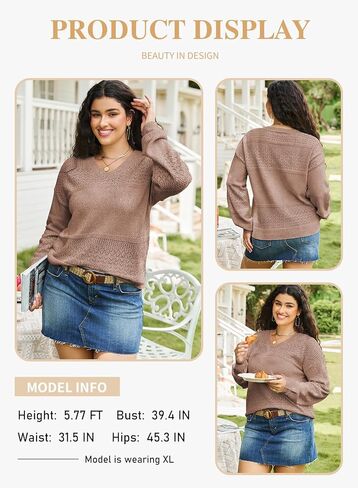 Eytino Womens Plus Size Sweater Casual Long Sleeve V Neck Crochet Knit Lightweight Pullover Sweater Tops(1X-5X) in Kuwait